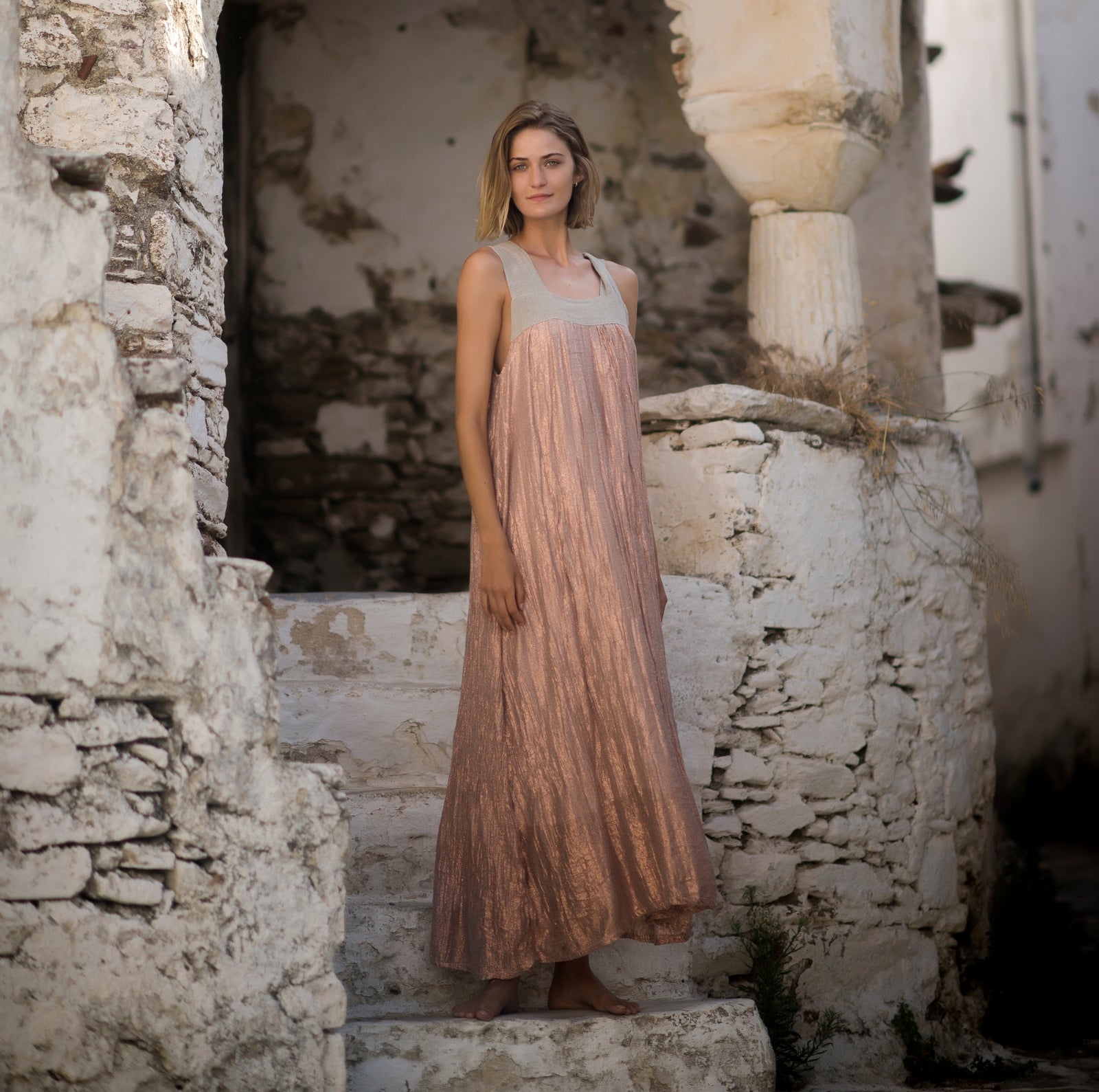 knee length dresses for ladies Greece linen dress in beige main image 1